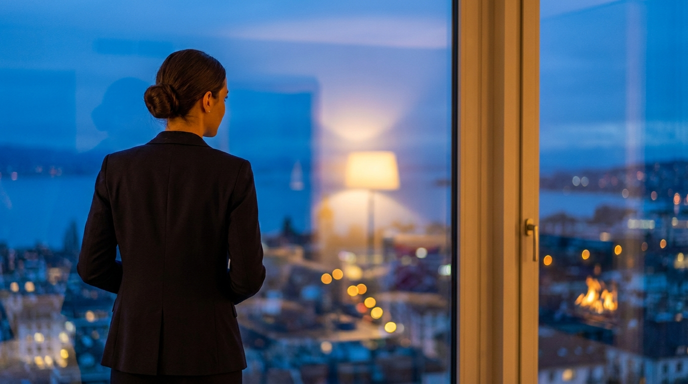 Escort Lausanne — silhouette élégante dans une suite d'hôtel avec vue sur le lac Léman au crépuscule