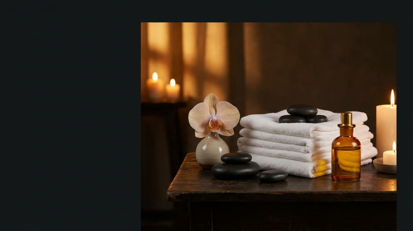 Ambiance feutrée d'un salon de massage érotique, pierres chaudes et bougies