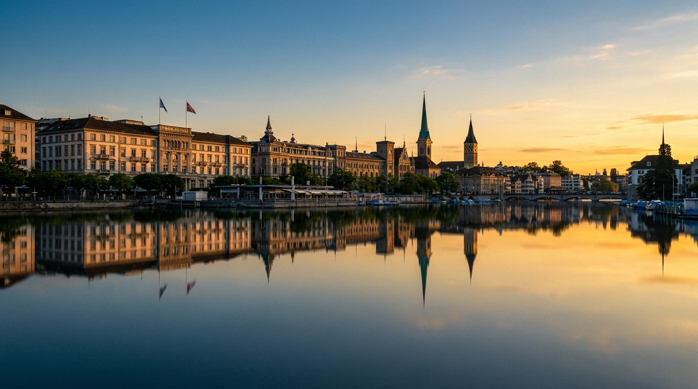 lac de Zurich au golden hour, reflets sur l'eau, skyline cinématique