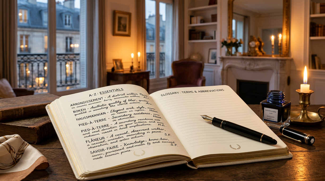 carnet de luxe ouvert, plume, appartement chic en bokeh