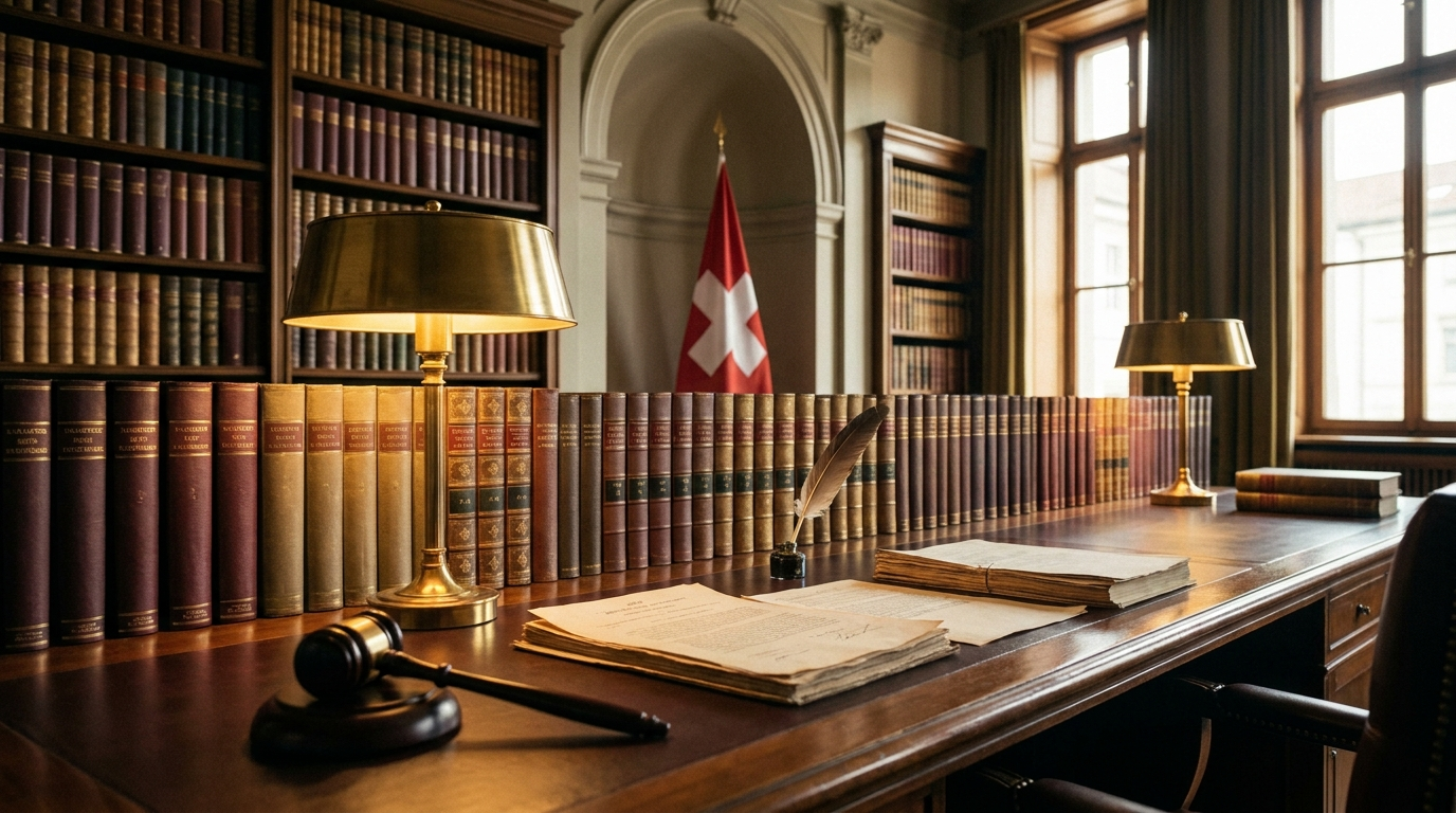 bibliothèque juridique, drapeau suisse, ambiance cuir et bois sombre